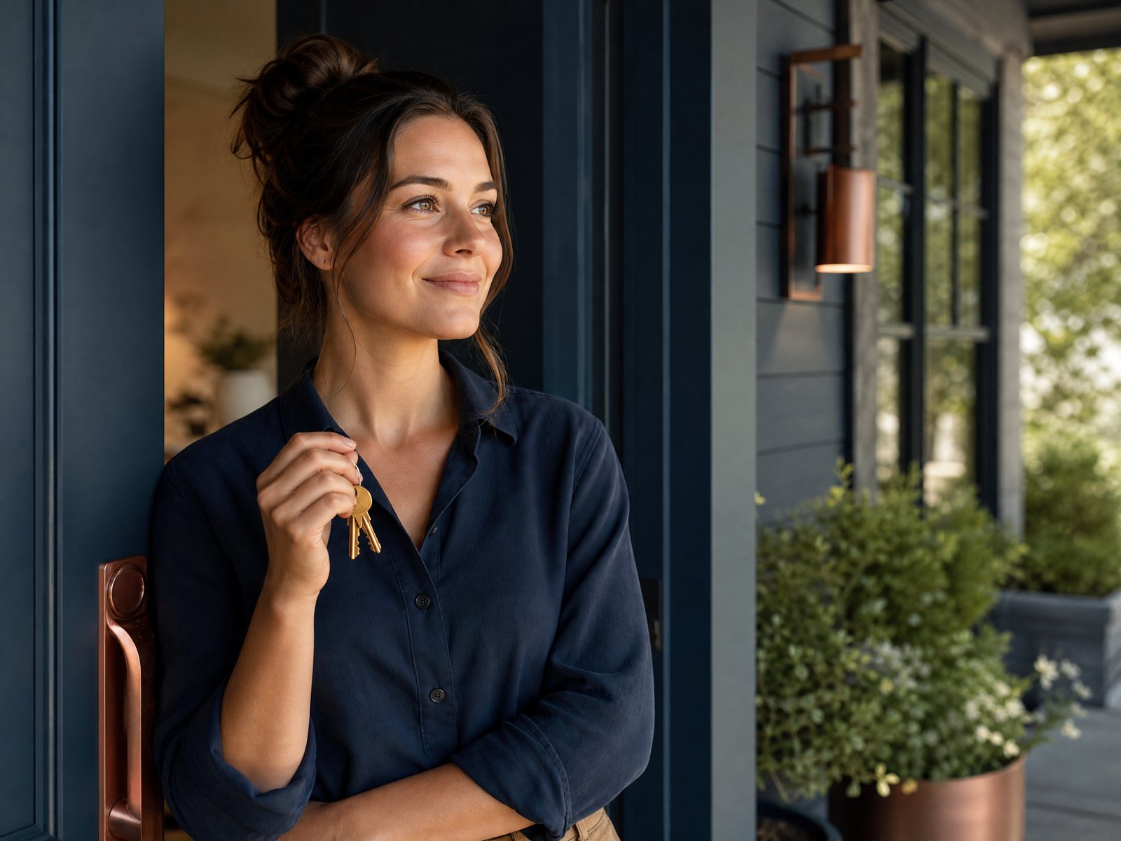 A new homeowner holding keys at her front door